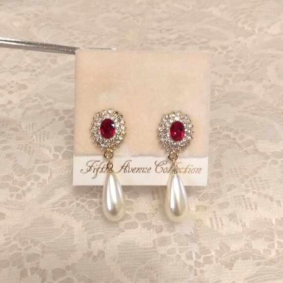 Vintage Red Garnet & Clear Crystal Pearl Gold Tone Dangle Drop Earrings - Picture 4 of 8